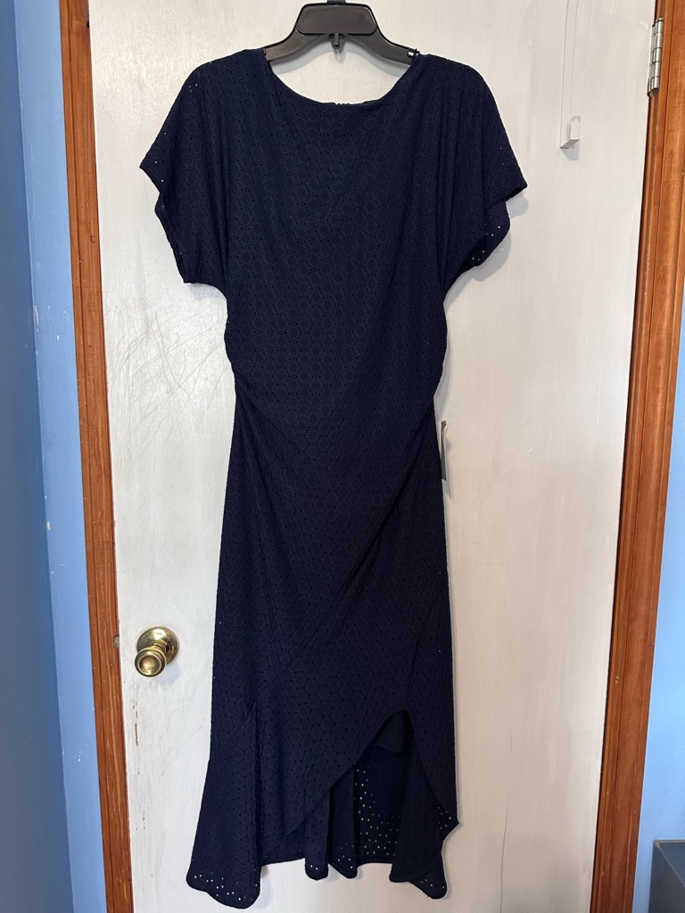 Women's London Times Asymmetrical Hem Eyelet Dress, Navy - Size: 8, NWT